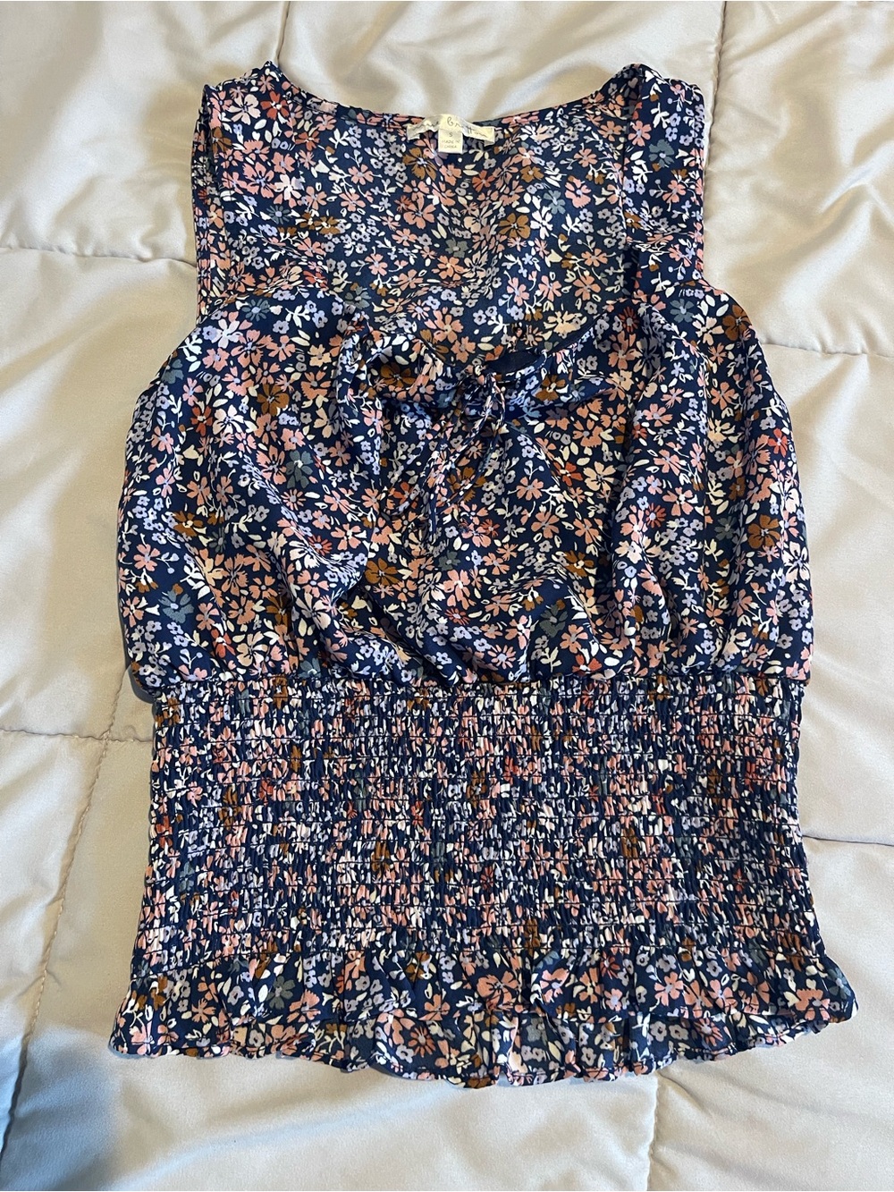 nine britton Navy Floral Smocked Tank with Pink and Brown Accents